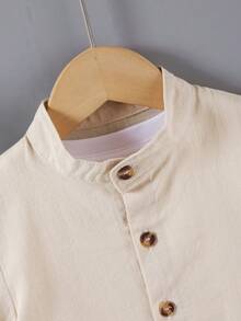 Souflis Souflis Young Boys Short Sleeve Cotton Button Down Shirt, Mandarin Collar Roll Cuff Casual Linen Look Top For Kids Casual Summer Blouse Summer Top - Khaki - View 4