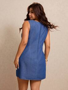 Elaquor Đầm denim không tay dáng rộng mùa hè, kiểu dáng thường ngày, có nơ trang trí. - Màu xanh lam - Xem 2