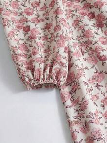 Al Najma 女士休闲碎花端庄长袖阿拉伯长裙，秋季蓝色碎花连衣裙，田园风连衣裙 - 粉色 - 查看 3