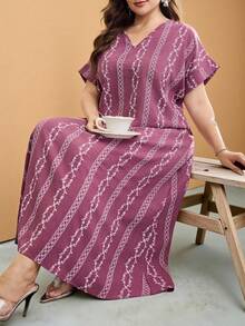 Al Najma Plus Size Printed Tassel Maxi Casual Dress For Women - Dusty Pink - View 1