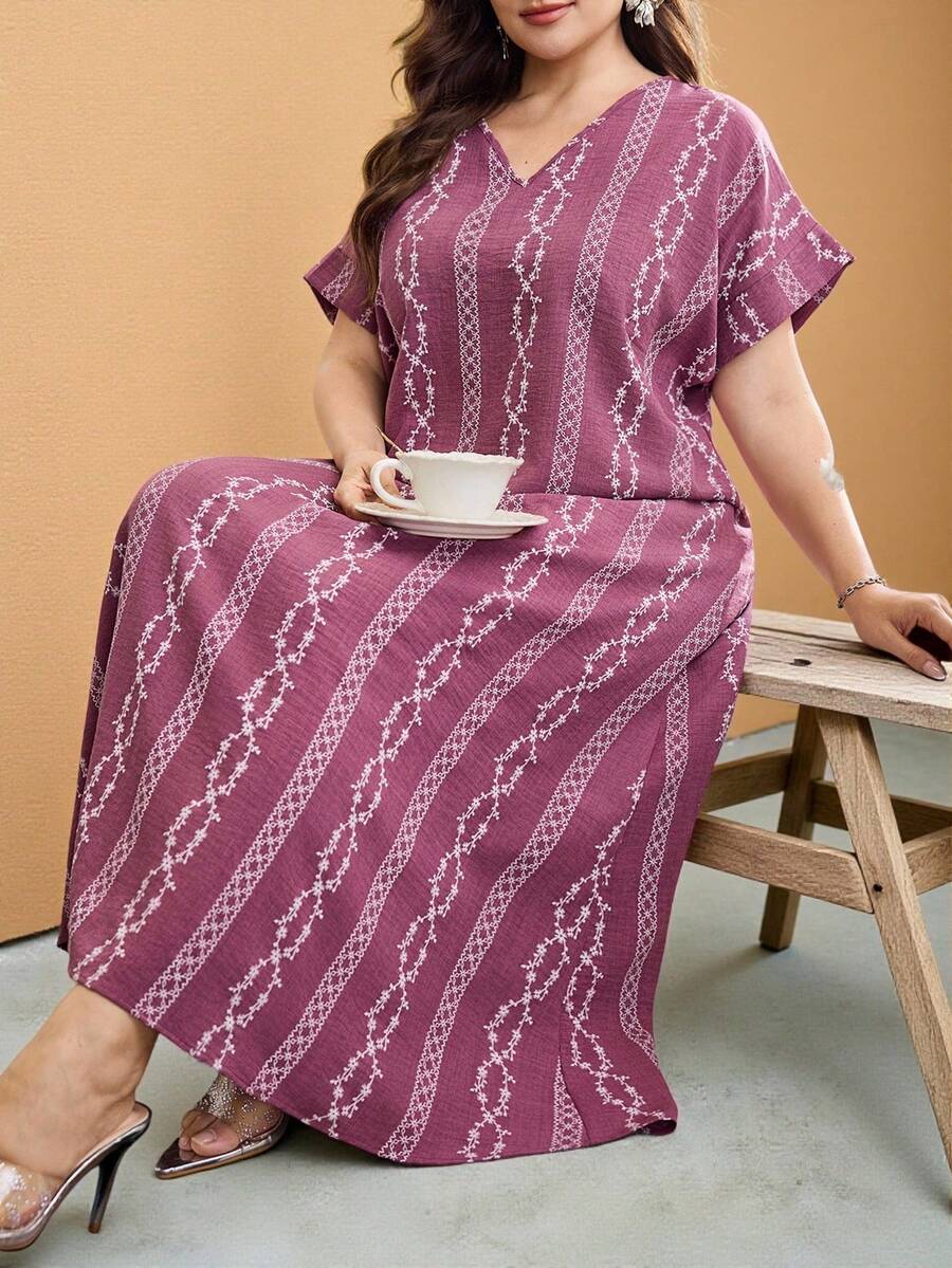 Al Najma Plus Size Printed Tassel Maxi Casual Dress For Women - Dusty Pink - View 1
