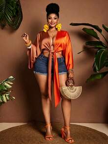 Maweii Blusa holgada de verano con bloqueo de color y cordones para mujer de talla grande, ideal para uso diario y vacaciones - Multicolor - Ver 4