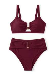 Sweetra 2026 Spring/Summer Women's Burgundy Adjustable Thick Strap Solid Color Gold U-Shaped Decor High Cut Bikini Bottom Two Pieces Swimsuit Set - Burgundy - View 2
