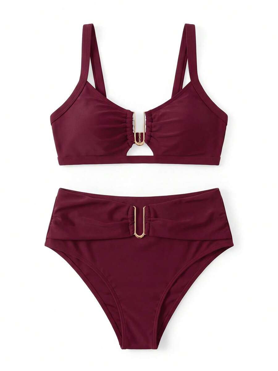 Sweetra 2026 Spring/Summer Women's Burgundy Adjustable Thick Strap Solid Color Gold U-Shaped Decor High Cut Bikini Bottom Two Pieces Swimsuit Set