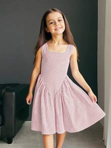 Firerie Kids Firerie Kids 少女新款休闲欧美风优雅露肩条纹系带蝴蝶结装饰A字迷你连衣裙，假日穿着尽显优雅气质 - 粉色 - 查看 6