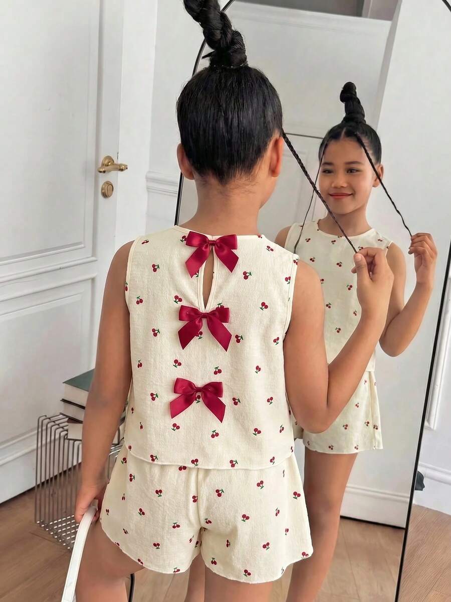 SHEIN Tween Girl Bow Decor Camisole And Shorts Casual Set - Multicolor - View 1