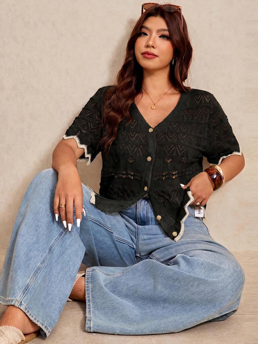 Elaquor Áo khoác cardigan dệt kim tay ngắn, một hàng cúc, khoét rỗng, dành cho nữ cỡ lớn - màu đen - Xem 1