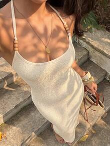 Sunnyshic Women's Apricot Textured Beaded Accessory Fitted Split Dress, Sexy Elegant Fashion Resort Style, Spring/Summer - Apricot - View 3