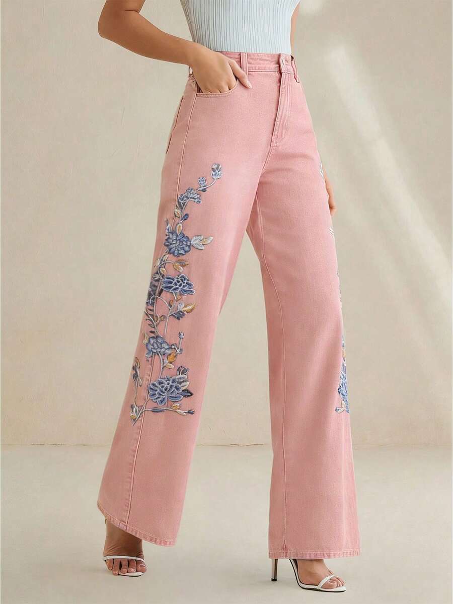 Anewsta 女款優雅通勤夏季套裝,刺繡花卉側邊設計直筒粉色牛仔褲,適合通勤、度假和日常穿著 - 粉色 - 查看 1