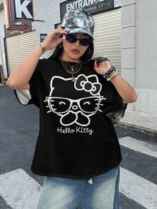 HELLO KITTY AND FRIENDS | SHEIN 大码圆领短袖休闲夏季可爱图案T恤 - 白色 - 查看 7