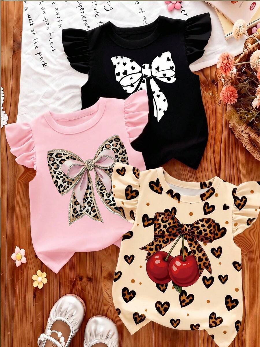 Bohemian Ditsy Floral, Gentle Purple Striped, 3D Bow Pattern, Young Girl Casual Simple Versatile Round Neck Cap Sleeve T-Shirt 1pc Suitable For Spring - Hot Pink - View 1