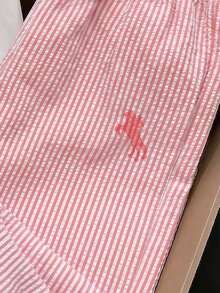 SHEIN Elladie kids 2件組女童套裝，馬匹印花圓領短袖T恤搭配條紋直筒長褲，夏季親子款日常休閒服飾套裝 - 粉色 - 查看 5