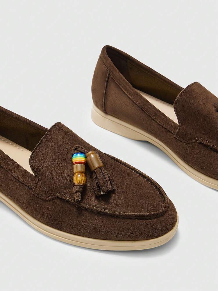 CUCCOO BIZCHIC Fashion Brown Suede Retro Beads Comfortable Commuting Women's Flat-Bottomed Loafers Women's Flat-Bottomed Shoes Are Suitable For Outdoor Vacation Shopping And Work Daily Versatile Flat-Bottomed Women's Shoes