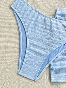 Soleia Bộ bikini 3 món size lớn màu trơn, vải vân nổi, thời trang mùa hè, màu xanh - Màu xanh lam - Xem 6