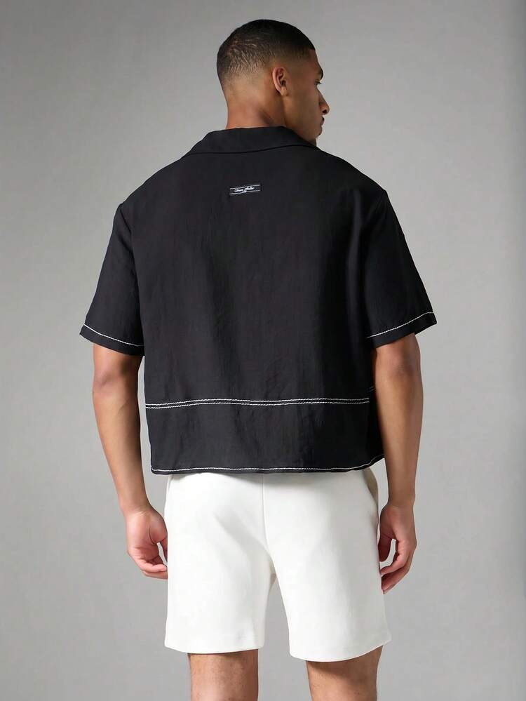 Relaxed Fit Linen-Look Resort Shirt With Floral Embroidery Contrast Stitching Camp Collar Summer Holiday