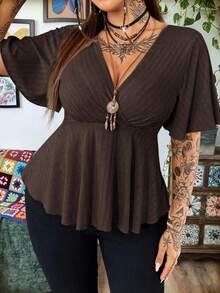 Whyspr Plus Size Summer Casual Solid Color V-Neck Ruffle Sleeve Short Hem T-Shirt - Brown - View 1