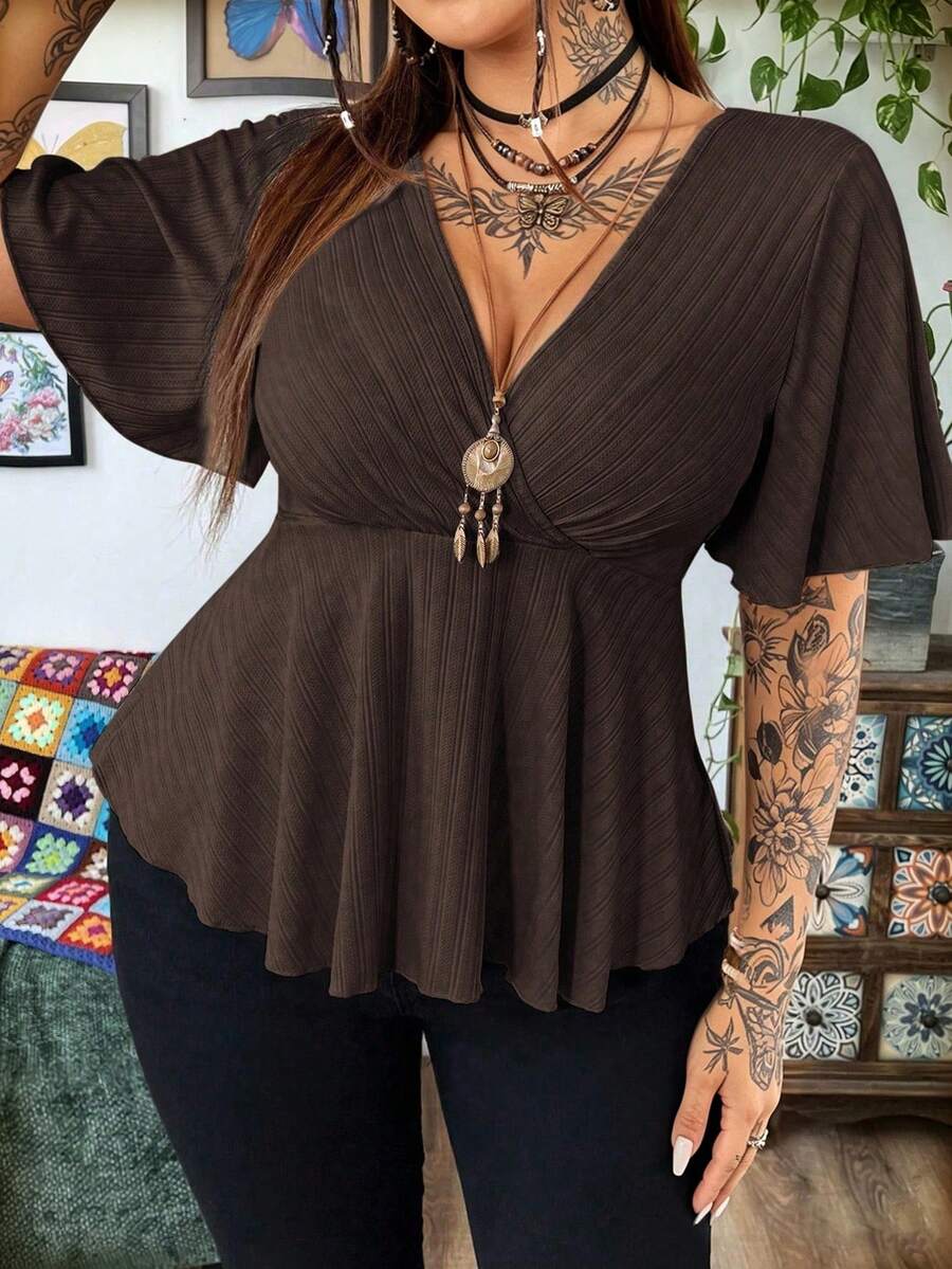 Whyspr Plus Size Summer Casual Solid Color V-Neck Ruffle Sleeve Short Hem T-Shirt - Brown - View 1