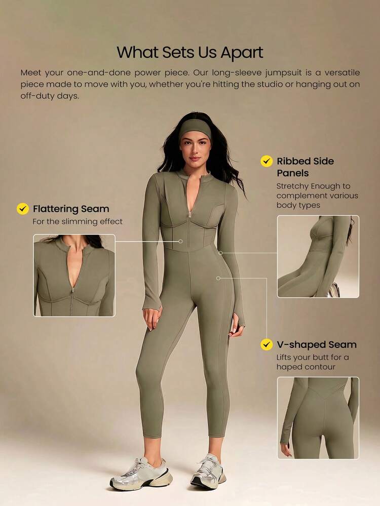 24" FeatherFit™-Air Glow Giver Soft Breathable Sweat-Wicking Front Zipper Ribbed Side Panels Contouring Seams Thumbholes Deep V-Back Seams Removable Cups Long-Sleeve Jumpsuit Low-Impact Daily Active Wear  Spring Summer