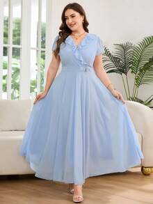 Reflora 大码女士优雅印花连衣裙，夏季婚礼宾客礼服 - 藍色 - 查看 1