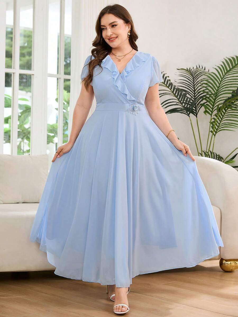 Reflora 大码女士优雅印花连衣裙,夏季婚礼宾客礼服 - 藍色 - 查看 1