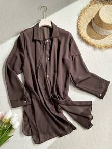 Oceva Blus Lengan Panjang Kasual Pantai Musim Panas untuk Wanita, Warna Polos, Kimono Kerah Terbuka untuk Liburan Pantai - Coklat - View 4