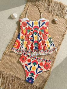 Travachic KIDS Tween Girl Floral Print Halter Neck Swimwear Set, Summer Beach Vacation - Multicolor - View 2