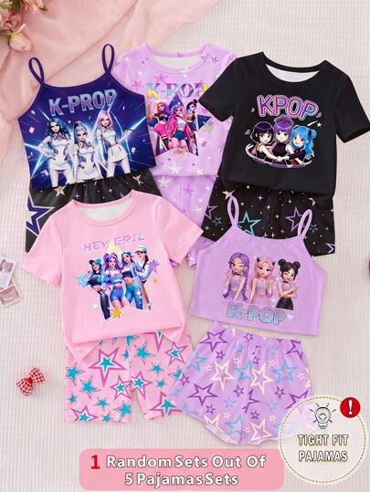 Cartoon Girl Dopamine Colorful Ombre Casual Minimalist Camisole Top And Shorts Pajama Set, Suitable For Summer Kids Sleepwear Girls Pajamas Two Pieces For Girls Girl Summer Sets Cartoon Print Set