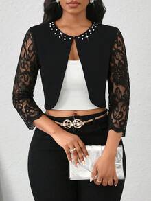 SHEIN Lady Women's Elegant Lace Patchwork Sheer Long Sleeve Lightweight Cropped Jacket With Faux Pearl Decor, Suitable For Spring, Summer And Autumn, Versatile For Work And Commute - Black - View 4