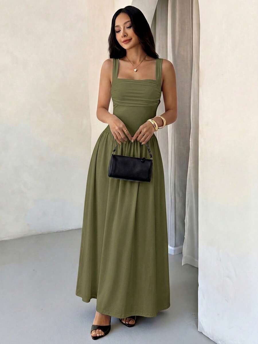 SHEIN PETITE 女款優雅純色咖啡棕方領喇叭裙,春夏款,適合小個女子的夏季洋裝 - 軍綠色 - 查看 1