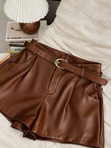 Franclia Plus Size Women PU Material Double Pocket Street Style Shorts - Brown - View 5