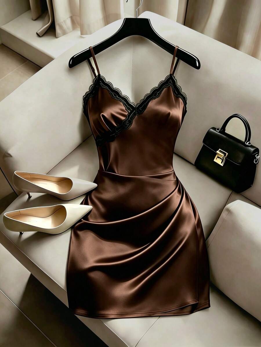 Franclia Đầm dự tiệc mini mùa hè kiểu Pháp cổ điển màu nâu bằng satin phối ren, cổ chữ V, dây mảnh, xếp ly. - màu nâu - Xem 1