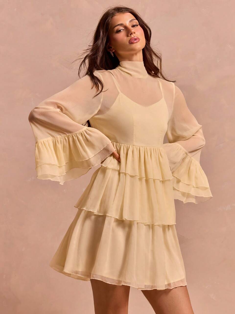 Enchnt Women's Elegant Solid Apricot Chiffon Ruffle Hem Vacation Dress, Autumn Date Party Outfit,Holiday Festival Mother's Day Chic Office Wear