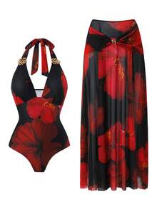 Swim Oasis 2026 New Plus Size Black,Summer,Boho,Beach,Holiday Swimsuit Set,Red Printed Halter V-Neck Strap With Metal Decor,Mesh Overlay Skirt Set - Multicolor - View 3