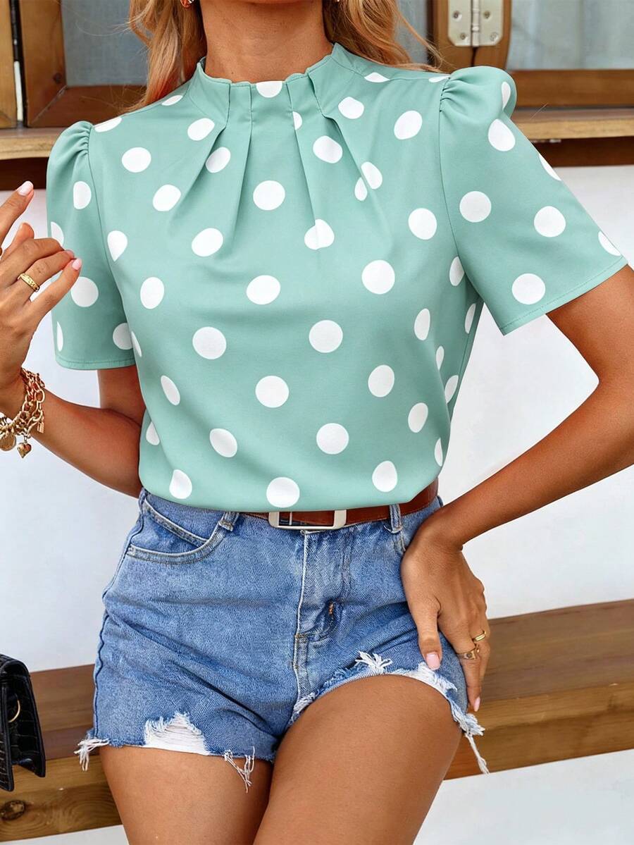 EMERY ROSE Women's Green Polka Dot Print Ruched Collar Short Sleeve Blouse, Spring/Summer Office Elegant - Cadet Blue - View 1