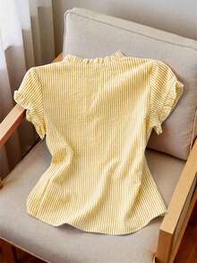 Franclia Women's Striped Print Ruffle Front Button Casual Short Sleeve Shirt - Yellow - View 2