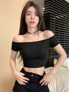 DAZY 女款露肩緊身T恤 夏季 - 黑色 - 查看 4