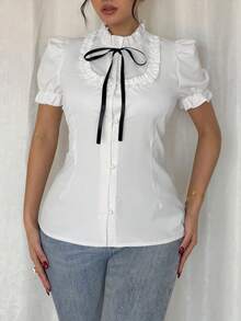 Rafferiza Ruffle Elastic Cuff Bowknot Blouse - White - View 8