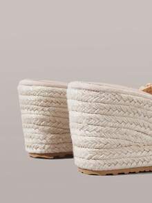 Styleloop Giày nữ, màu nâu nhạt, giày rơm dây gai đan rỗng, dép đế xuồng cao, tăng chiều cao, phong cách Bohemian cho kỳ nghỉ - Màu be - Xem 7