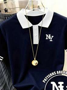 Resyla Damen Lässig T-Shirt mit Buchstaben-Muster in Große Größen, vielseitig für den Alltag - marineblau - Übersicht 4