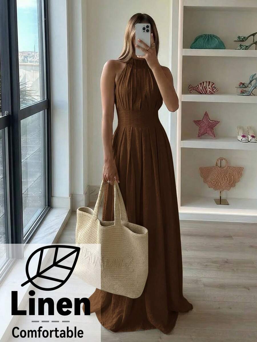 Aloruh 女款夏季洋裝,時尚百褶領優雅修身亞麻洋裝;夏季波希米亞風亞麻修身A字無袖洋裝;優雅女款無袖亞麻洋裝;休閒度假洋裝 - 棕色 - 查看 1