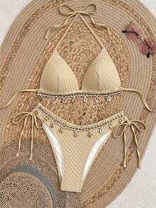 Swim Vcay Springbreak Solid Color Textured Fabric Shell Trim Halter Tie Bikini Top And Tie Triangle Bottoms Summer Vacation Beach Party Women's Bikini Set - Khaki - View 1
