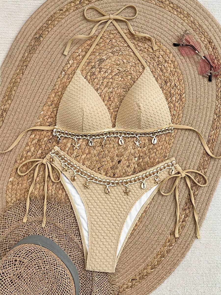 Swim Vcay Springbreak Solid Color Textured Fabric Shell Trim Halter Tie Bikini Top And Tie Triangle Bottoms Summer Vacation Beach Party Women's Bikini Set - Khaki - View 1