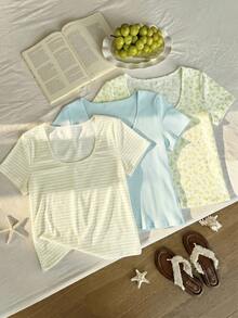 Solflare 3件套加大码女式夏季休闲度假日常通勤纯色、花卉、条纹印花圆领短袖T恤 - 彩色 - 查看 3