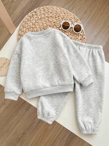 SHEIN LMoss Kids 2件套女婴针织纯色字母图案宽松圆领卫衣和打底裤套装 - 淺灰色 - 查看 2
