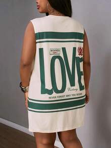 Slaydiva Plus Size Light Green Summer Grunge Back-To-School Sleeveless Letter Print Dress,Everyday Casual Street Music Festival Loungewear Cycling Vacation - Multicolor - View 4