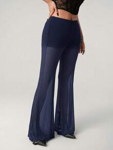 SHEIN ICON Summer Women's Going Out Night Concert Solid Color Mesh Patchwork Flare Pants, Suitable For Commuting Navy Blue Sexy - Navy Blue - View 5