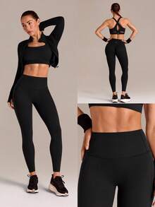 GLOWMODE 24" Peakbum-Lift FeatherFit™-Sculpt Butt-Lifting Tummy Control Side Pockets Leggings Medium Impact Training Running Workout Gym Fitness Wear - Black - View 9