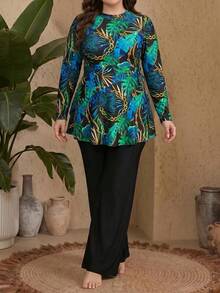 Swim Mulvari Plus Size Women's Black Base Floral Print Long Sleeve Dress Top And Solid Color Leggings Two Pieces Vacation Beach Outfit Bikini Swimwear - Multicolor - View 6