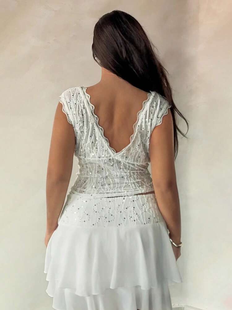 Dazy Plus Beach Party Holiday Outfit Summer White Lace Patchwork Ruffle Hem Skirt, Vacation Plus Size Women 2-Piece Set, Spring/Summer