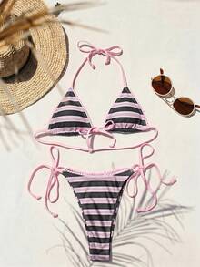 Aralina Summer Resort Vacation Beach Floral Print Tie Front Triangle And Tie Side Bikini Two Pieces Set With Swim Bag - Multicolor - View 9